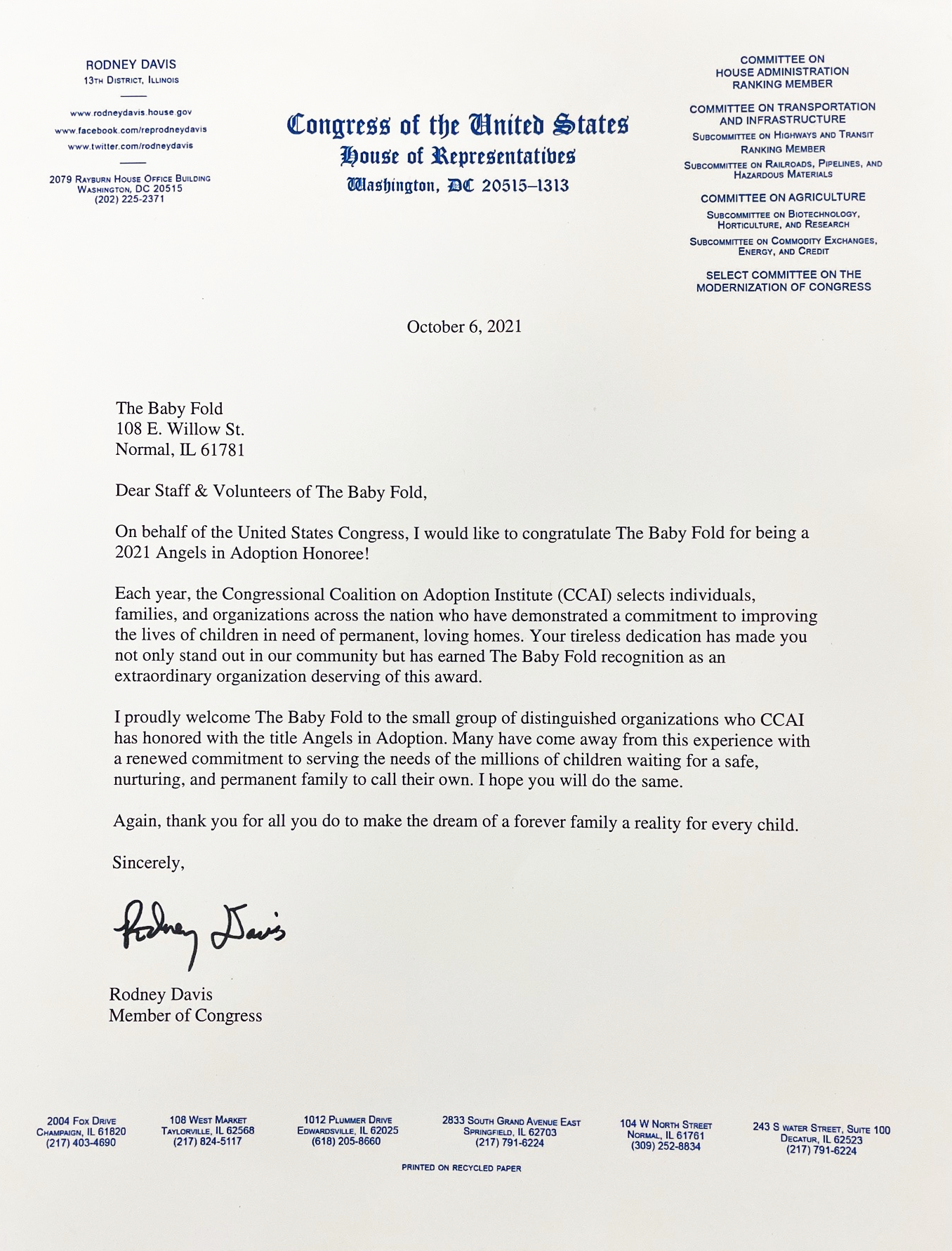 Rodney Davis' Statement Declaring The Baby Fold as an Angel of Adoption 