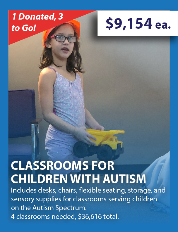 Classrooms for children with autism - $9,154 each - includes desks, chairs, flexible seating, storage, and sensory supplies for classrooms serving children on the Autism Spectrum. Four classrooms needed, $36,616 total.