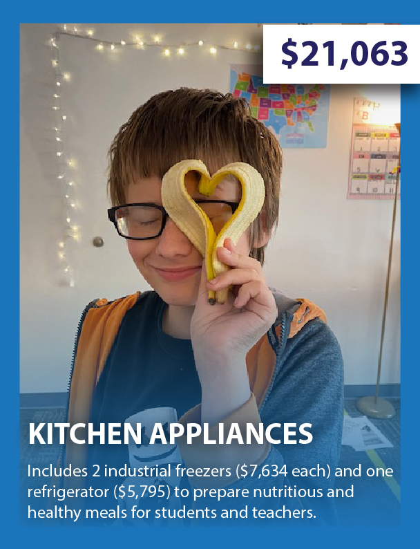 Kitchen Appliances - $21,063 - Includes 2 industrial freezers ($7,634 each) and one refrigerator ($5,795) to prepare nutritious and healthy meals for students and teachers.