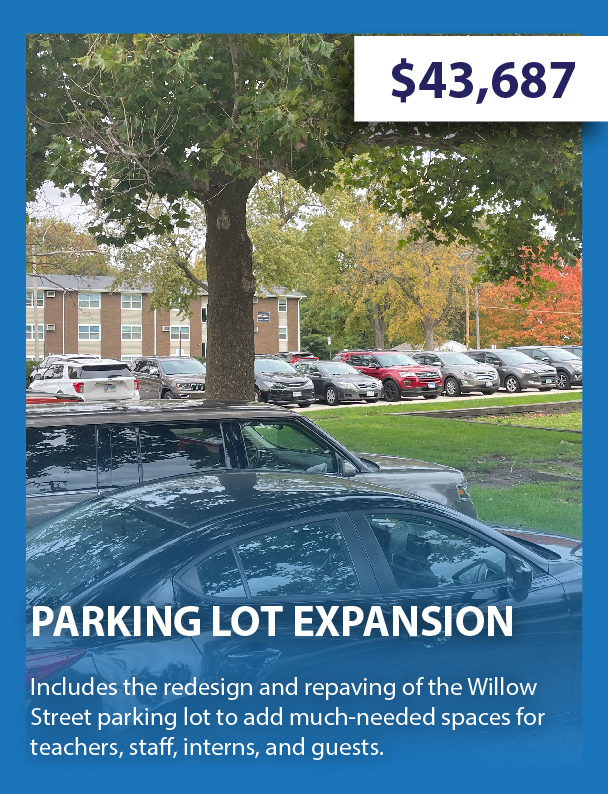 Parking Lot Expansion - $43,687 - Includes the redesign and repaving of the Willow Street parking lot to add mcuh-needed spaces for teachers and staff.